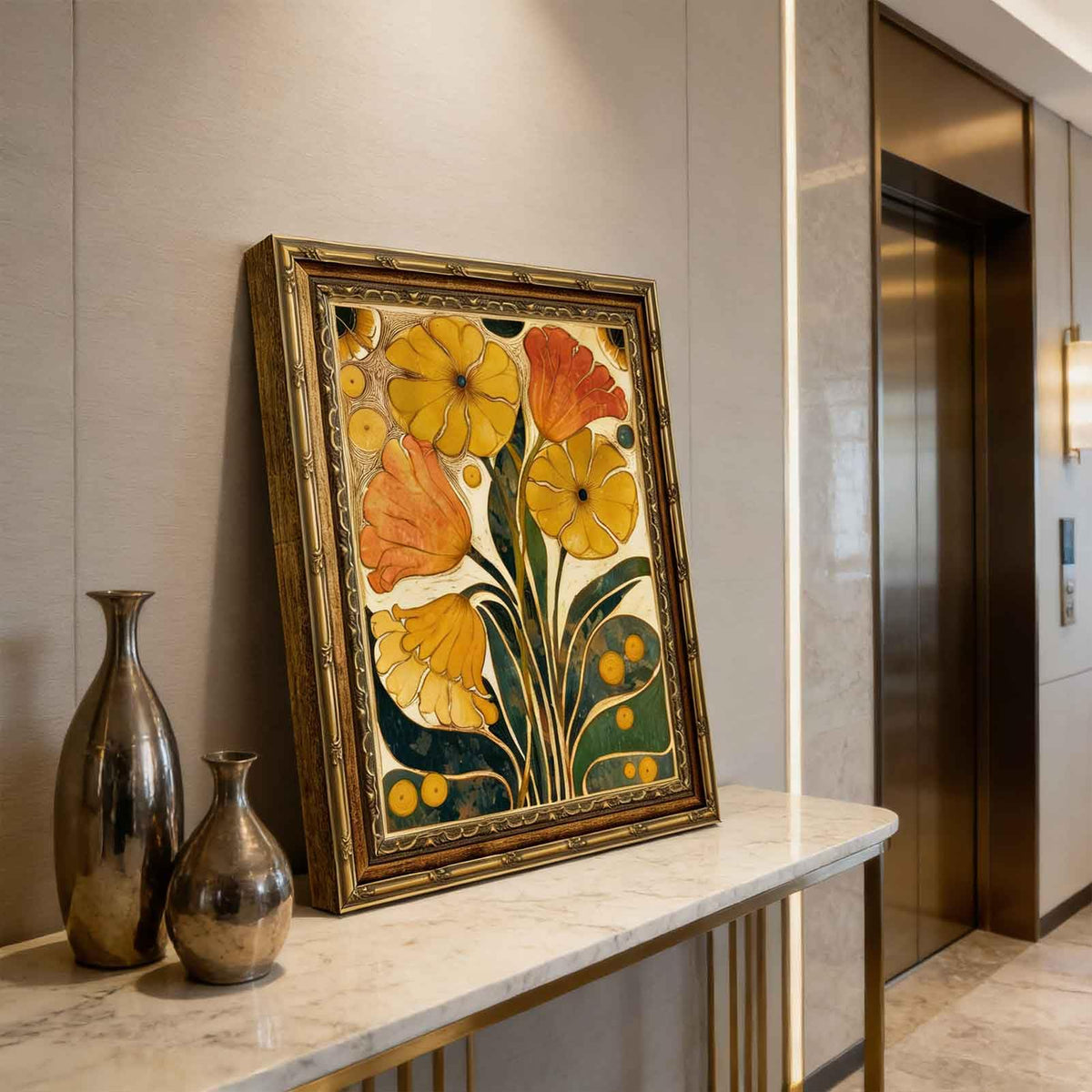 Large Abstract floral Canvas Wall Art Framed Boho Orange Flower Decor Picture Vintage Medieval Mustard Yellow Plant Bedroom Living Poster Prints for Dining Study Office Corridor Room Home Decoration (flower / 36"L x 24"W)
