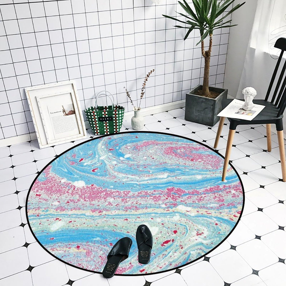 Round Area Rugs 4 FT Washable Non Slip Circle Rug (Blue Colorful Swirl Texture / 4' (Round))