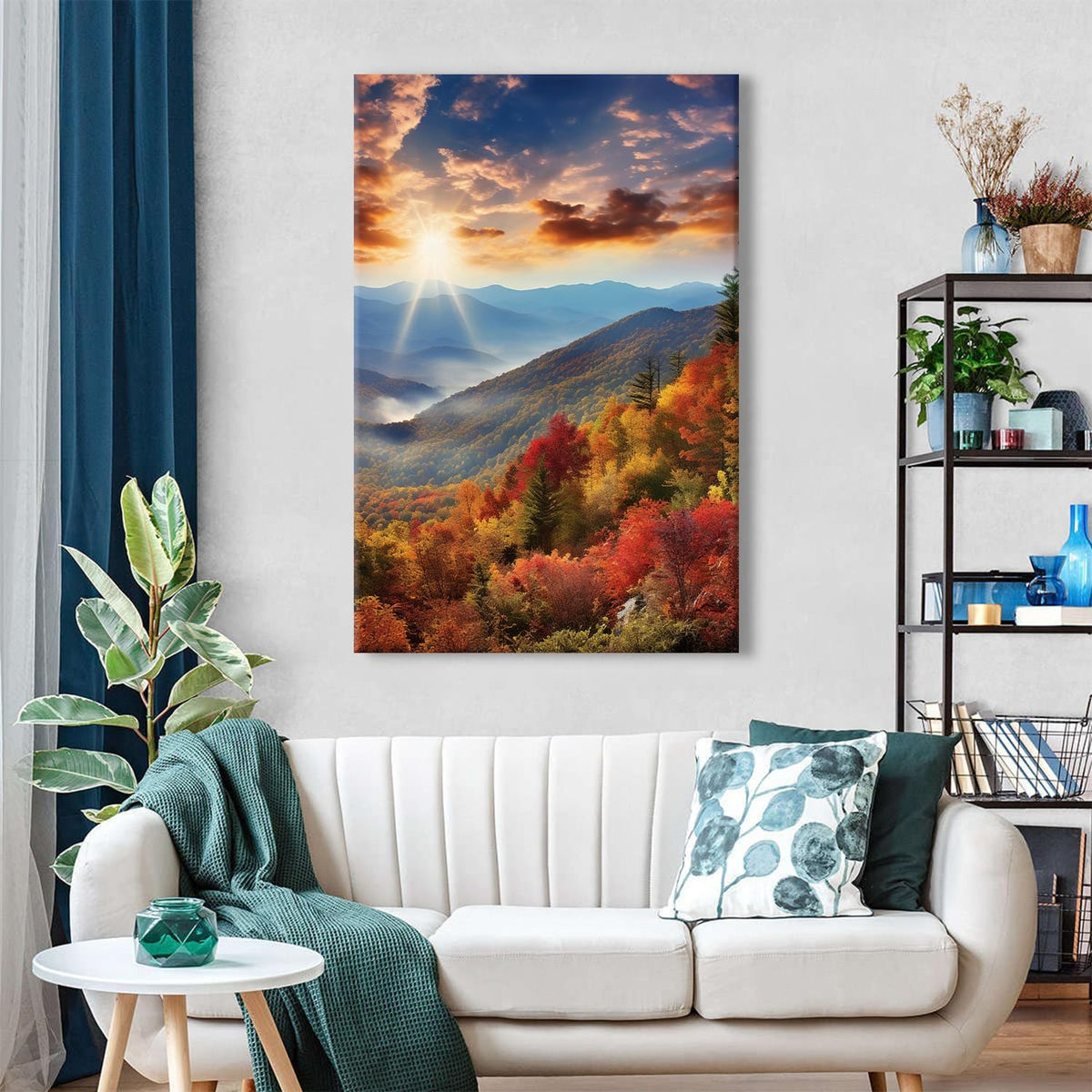 Nature Sunset Wall Art Smoky Mountains Landscape Wall Decor for Living Room Decoration 32x48" Forest Scenery Kitchen Pictures National Park Posters Fall Pine Tree Scenic Painting Canvas Prints Artwork (32"L x 48"W / Fall05)