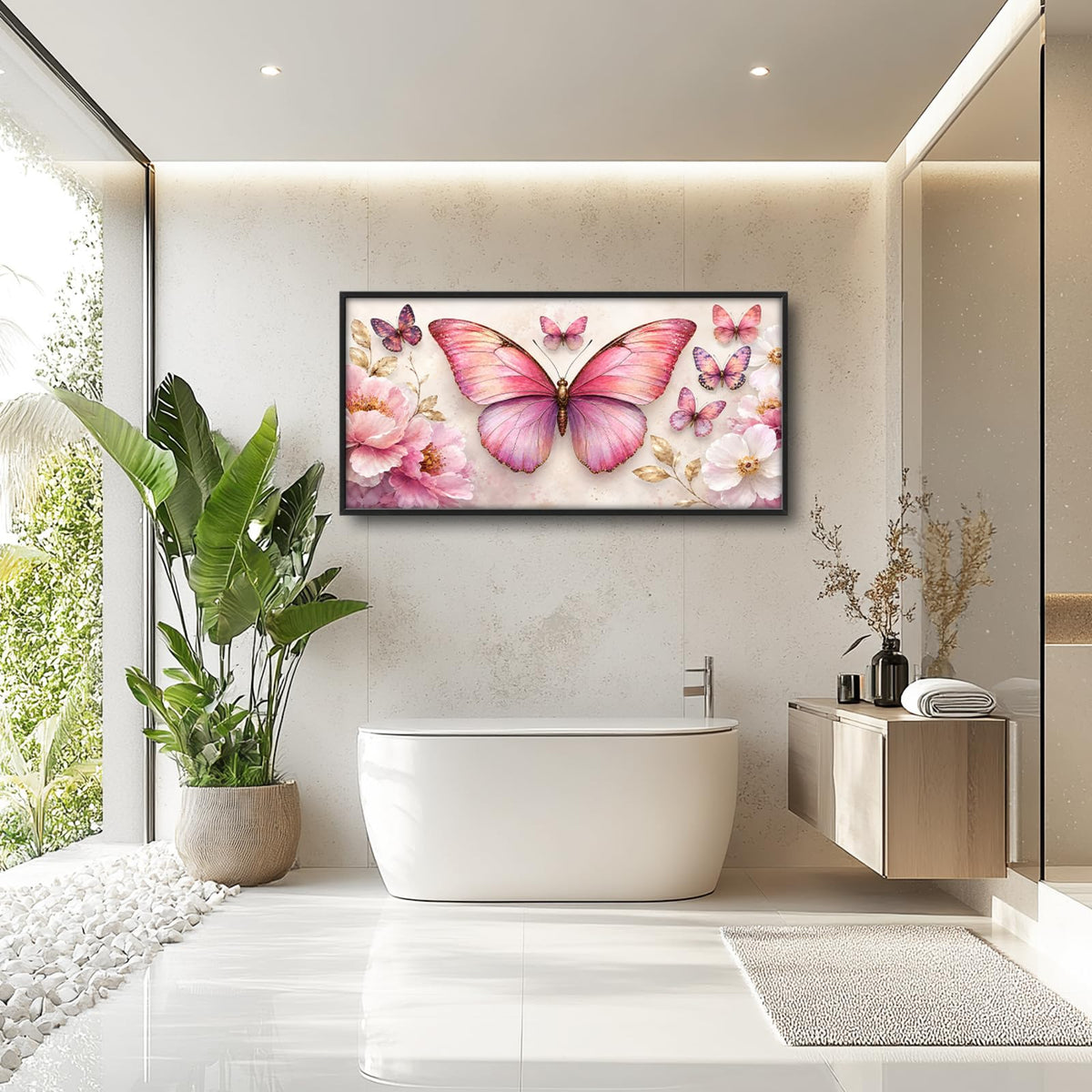 Pink Butterfly Large Wall Art Floral Flower Wall Decor Canvas Framed Pictures Painting Artwork For Living Room Bedroom Office 30"X60" (Pink Butterfly / 60"L x 30"W)
