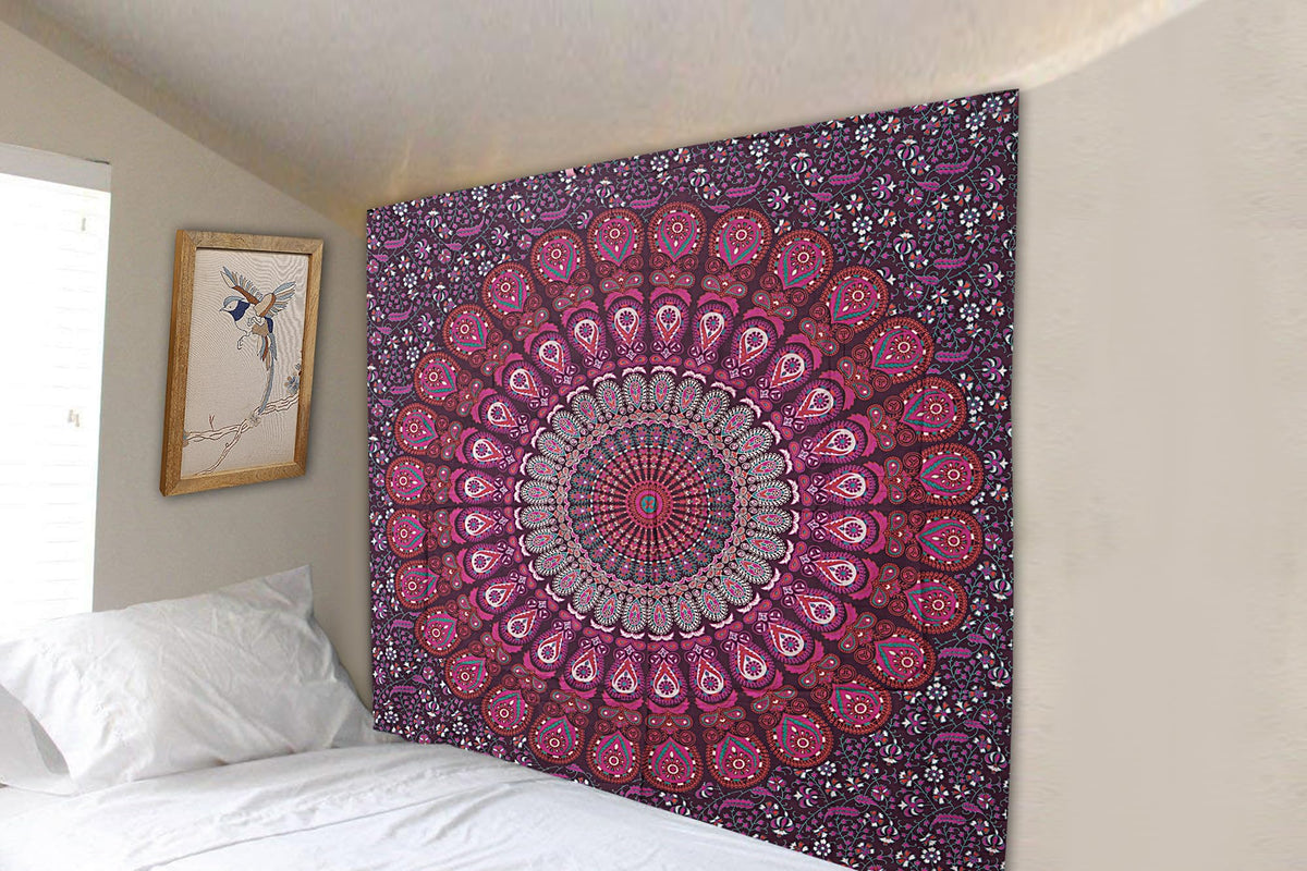 Handmade Cotton Peacock Mandala Tapestry (40"L x 30"W / Purple Pink)