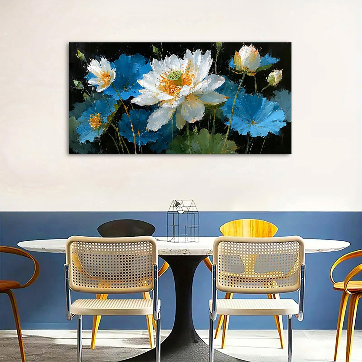 Vintage Abstract Lotus Flower Canvas Wall Art Boho Bedroom Home Decor Zen Floral Picture Blue and White Lotus Painting for Living Room Office Meditation Room Artwork Poster Decorations 24x48” (48"L x 24"W / Blue Lotus)