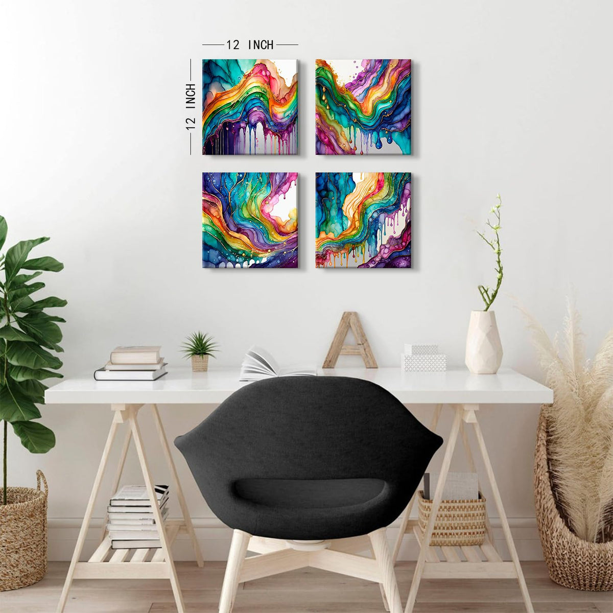 Colorful Wall Art Graffiti Rainbow Wall Decor for Living Room Abstract Fluid Lines Pictures Fantasy Watercolor Red Green Blue Liquid Canvas Prints Painting Modern Bedroom Home Decorations 12x12” 4Pcs (12"L x 12"W / Abstract Rainbow)