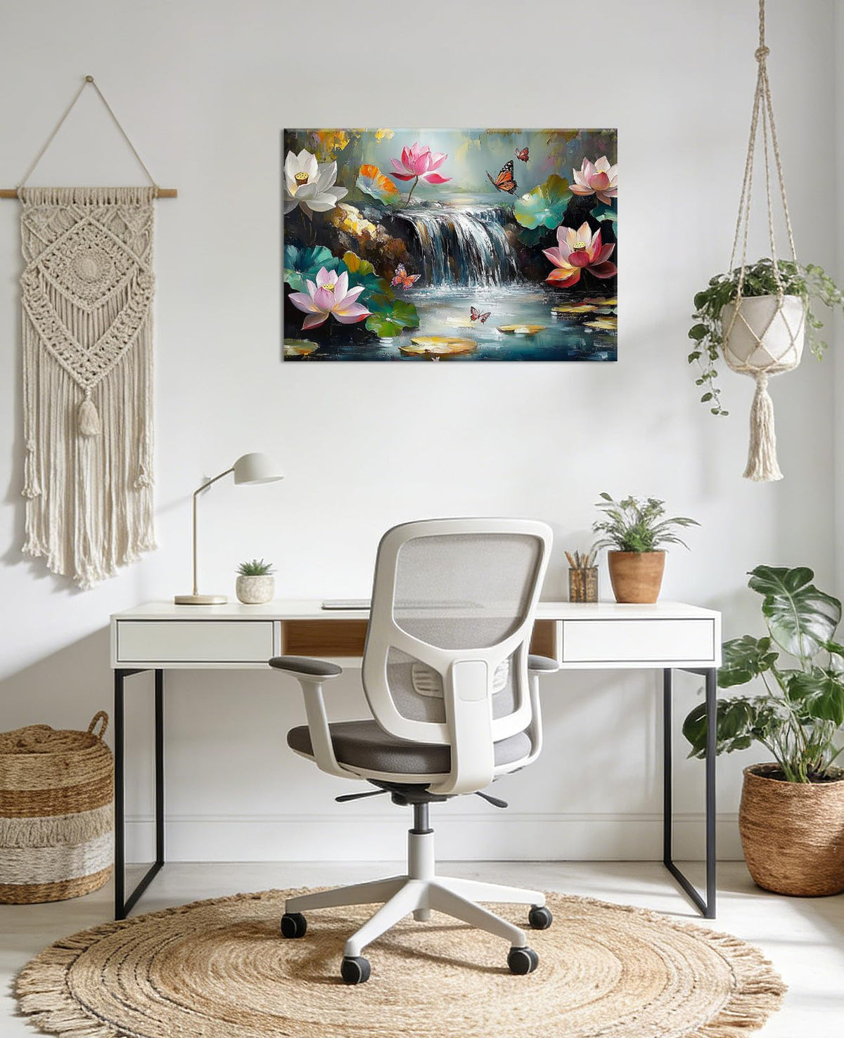Large Lotus Wall Art Canvas Prints Flower Picture Water Lily with Butterfly Landscape Painting Zen Artwork Bathroom Living Room Decor Framed (42"L x 28"W / Green)