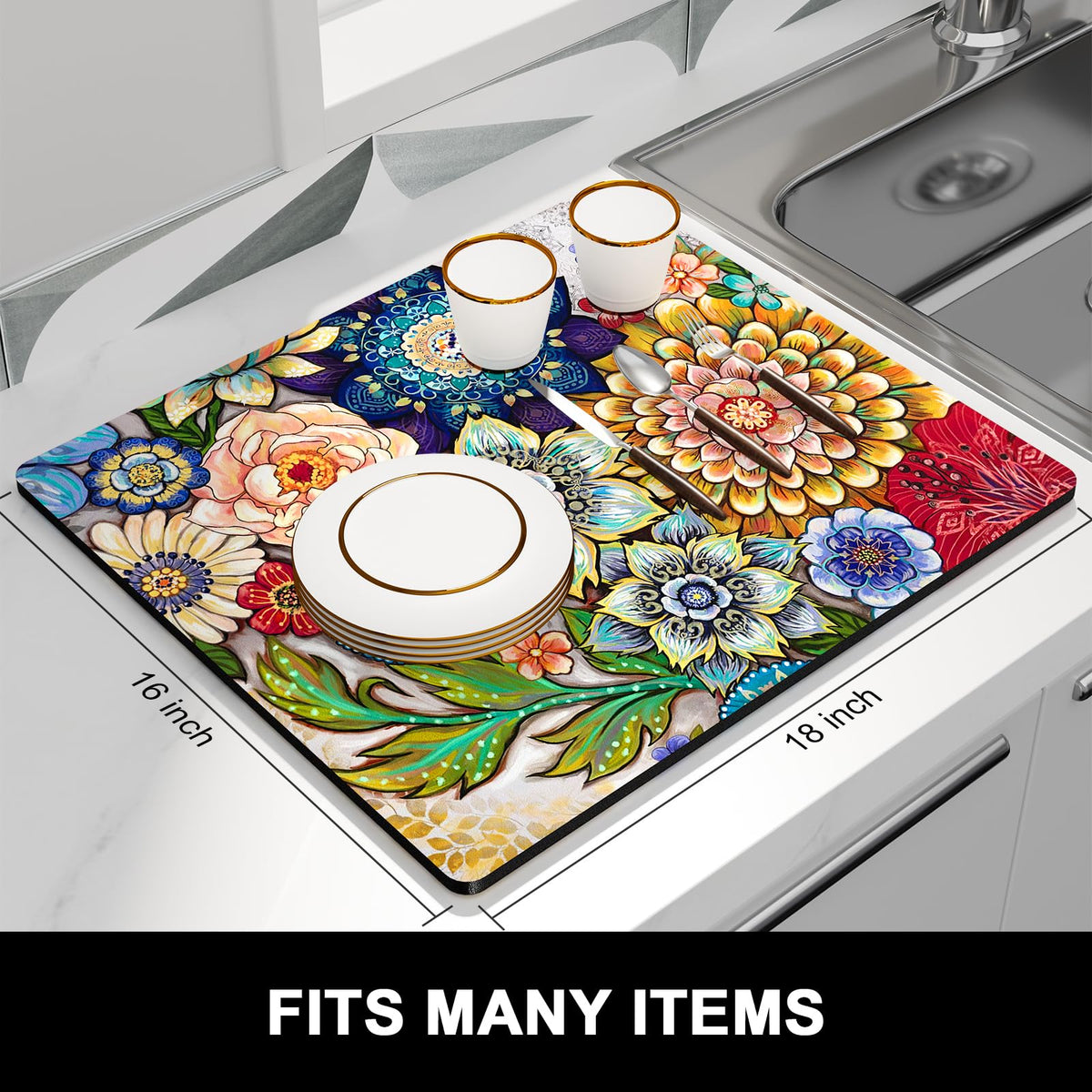 Dish Drying Mat for Kitchen Counter (Colorful Mandala / 16" x 18")