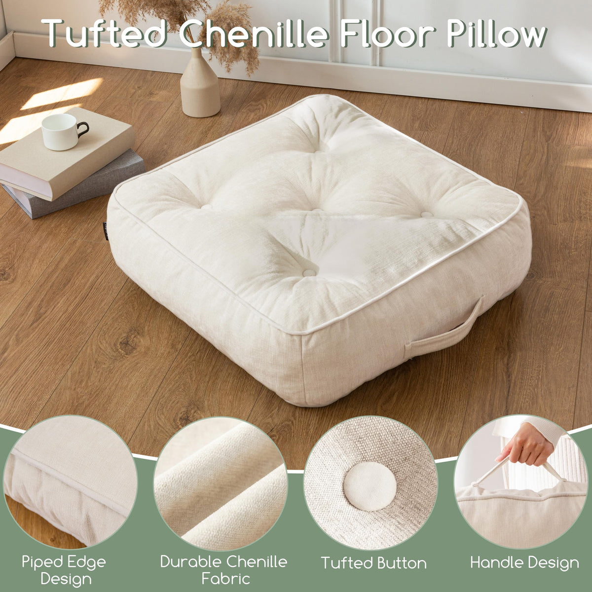 6" Extra Thick Floor Pillow Cushion for Adults (6" Thick(Pack of 2) / Square Beige)