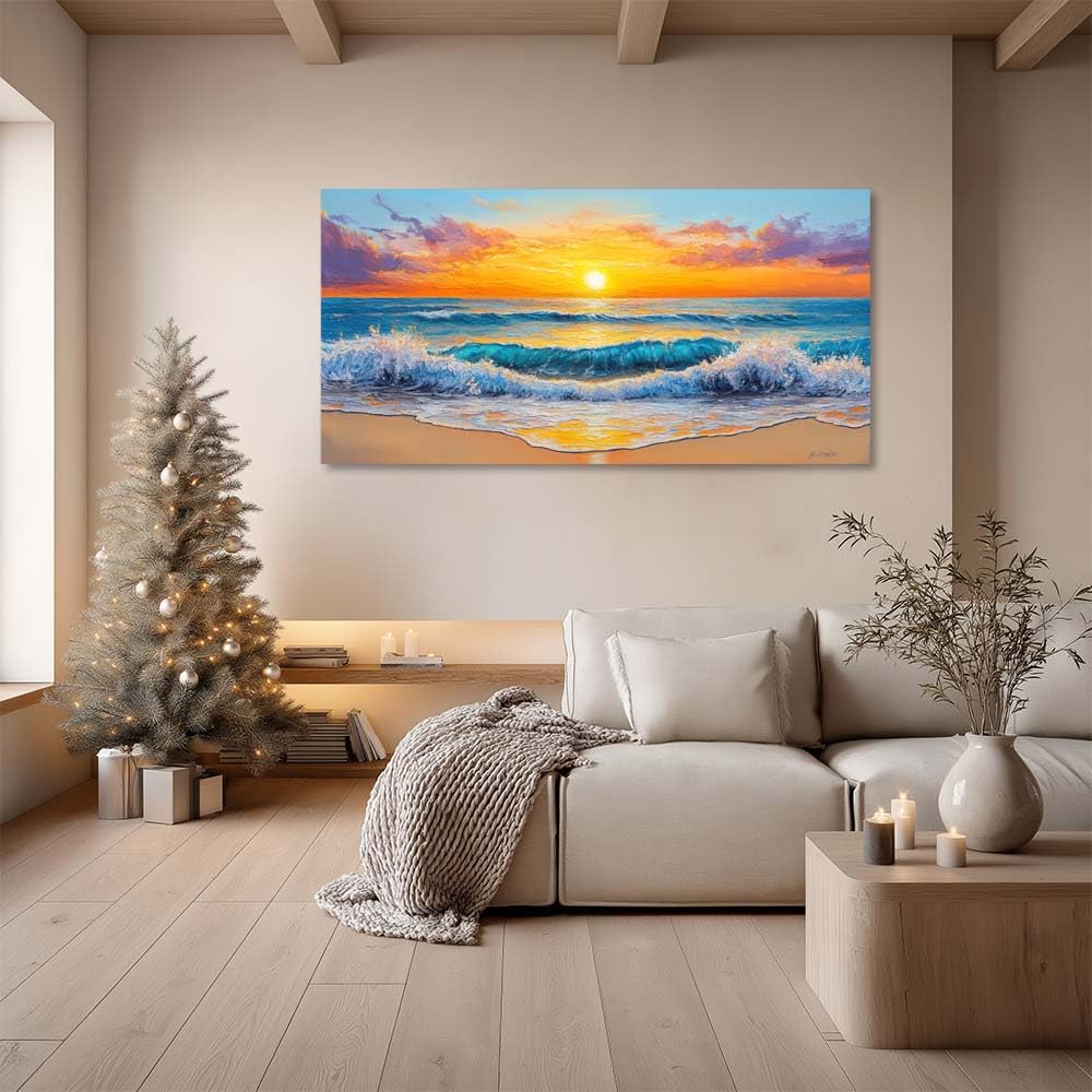 Modern Coastal Canvas Wall Art Beach Sunset Ocean Landscape Painting Flat Print Gallery Wrapped Nautical Farmhouse Home Artwork for Living Room Bedroom Bathroom Decor (Abstract / White Ocean Wave Sunset 16 / 58"L x 28"W)