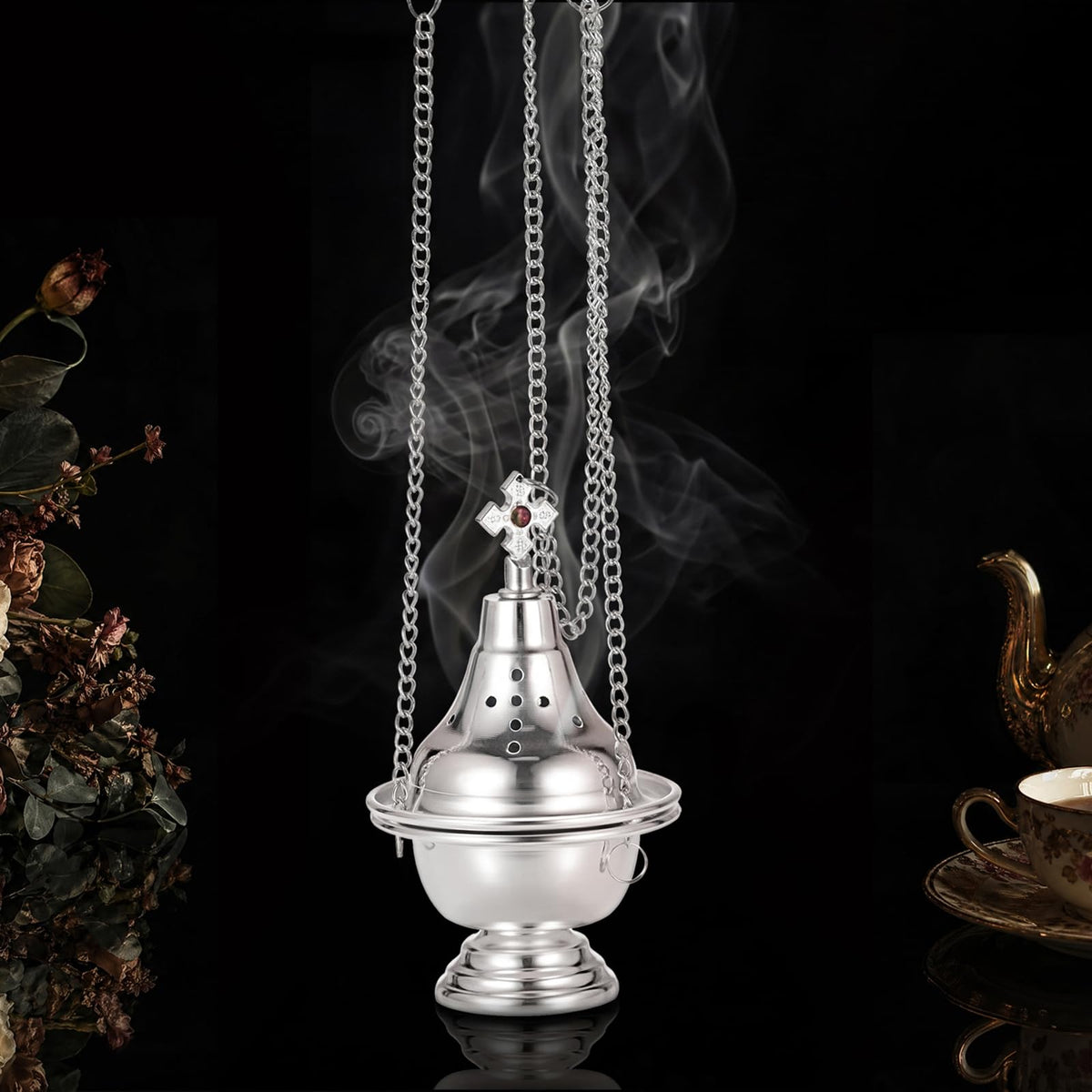 Vintage Hanging Charcoal Incense Resin Burner with Chain and Tongs (Silver)