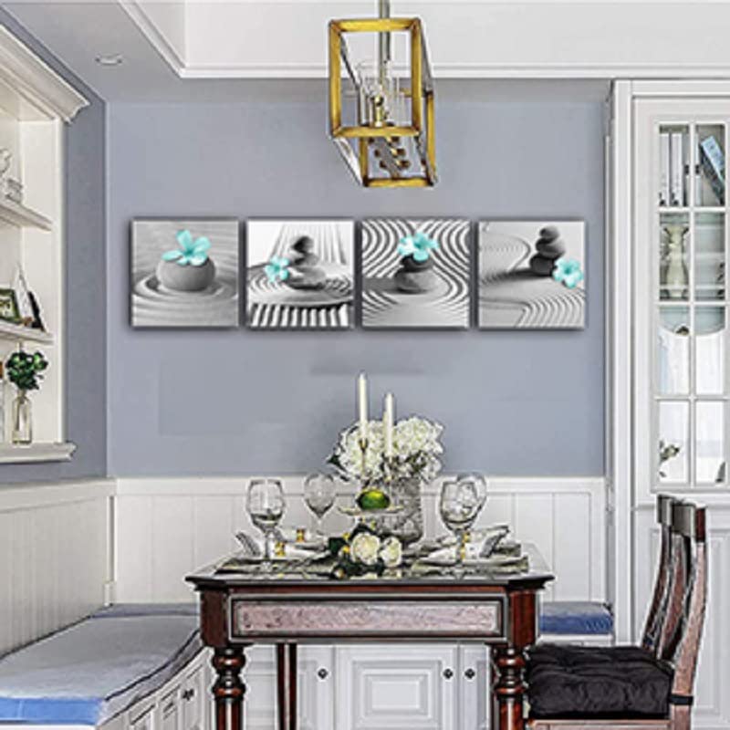 Gray Wall Art Zen Wall Art Teal Floral Paintings Black and White Decor Zen Stone Sand Pebble Canvas Flower Artwork for Wall Home Decoration Bathroom Wall Decor 12''x12''x4pcs (Teal Gray Wall Art / 12"L x 12"W x 4 pcs)