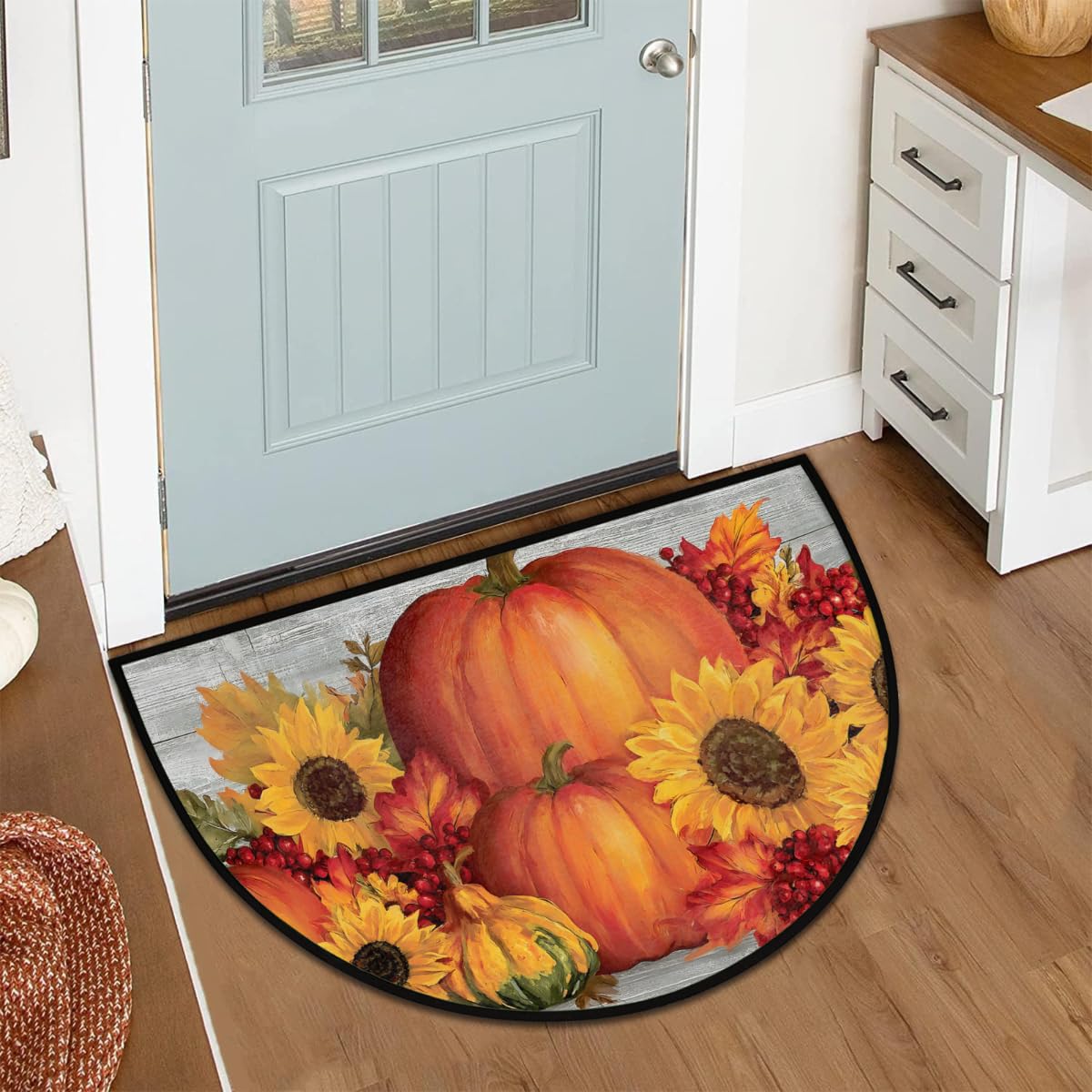 Autumn Half Round Door Mat Non (A-01 Autumn Pumpkins Sunflowers)