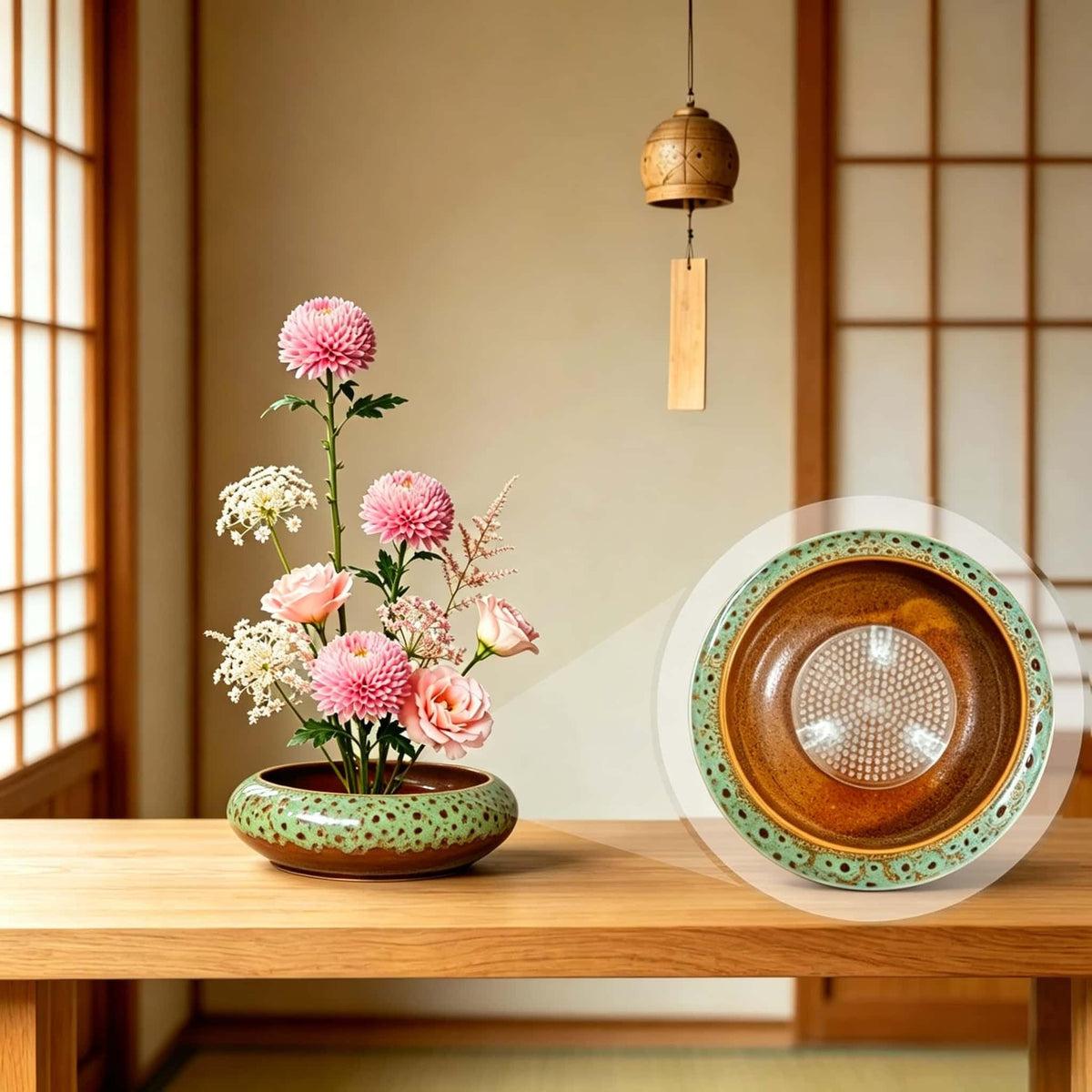 Ikebana vase kit Ceramic Flower Frog Set Kenzan Flower Shallow Bowl Flower Arrangement Kit Zen Decor for Home Office (Kiln Green)