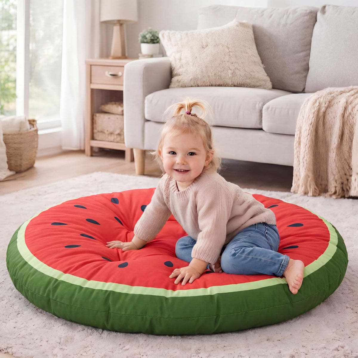 35" Watermelon Extra Large Floor Cushion Round Floor Pillow (Red / Watermelon)