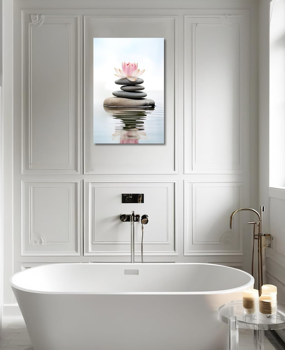 Lotus Wall Art Zen Canvas Print Wall Decor Spa Stones on Wahter Picture Meditation Painting Relax Artwork for Bathroom Living Room Modern Home Decor Frame (42"L x 28"W / Art-1)