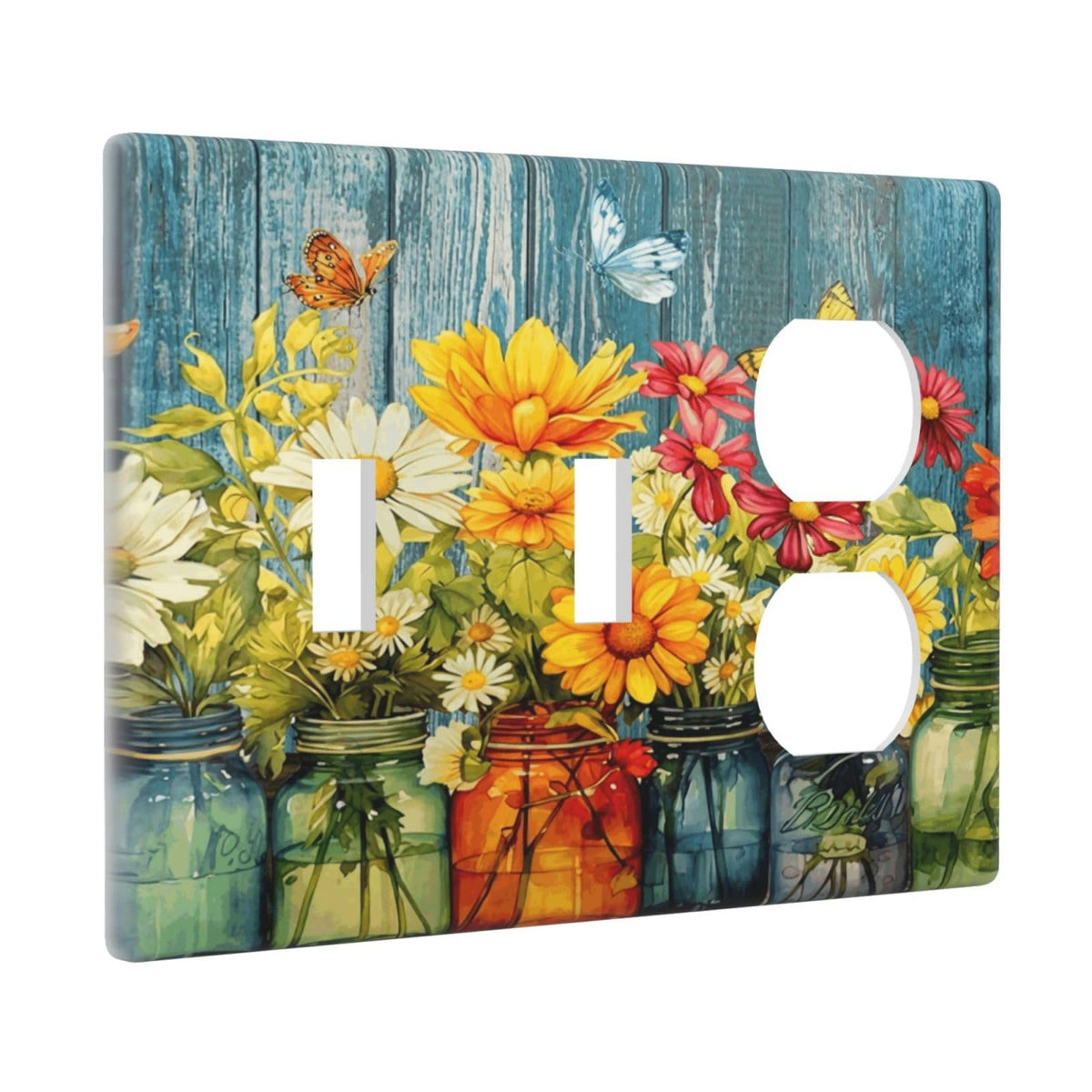 Decorative 3 Gang Combo Wall Plate Farmhouse Floral Style Standard Size (Country Rustic Daisy Flower Butterfly / 3 Gang 2 Toggle 1 Duplex)