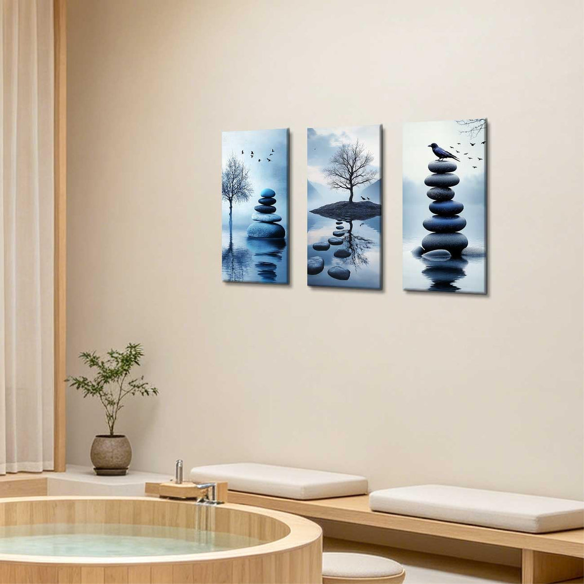 Set of 3 Zen Bathroom Canvas Wall Art Prints Blue Zen Stone & Bird Poster Water Lily with Butterfly Paintings Picture Yoga Meditation Artwork Spa Room Decor (Blue / 20x10inx3 Pieces)