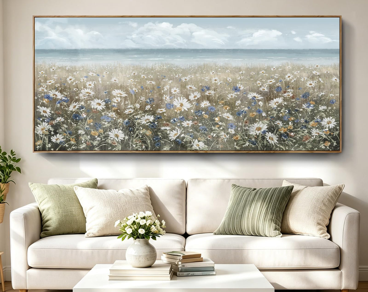 Oversized Framed Canvas Wall Art 6x2.6 ft (Coastal Flower Sea Art / 71"L x 31"W)