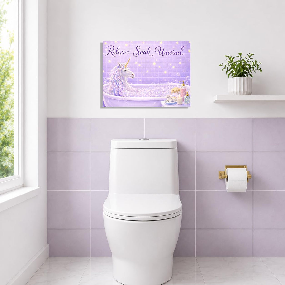 Bathroom Unicorn Wall Art Unicorn in Bathtub Wall Decor Relaxing Canvas Painting Pictures Purple Artwork for Bathroom Toilet 12"x16" (Bathroom Unicorn / 16"L x 12"W)