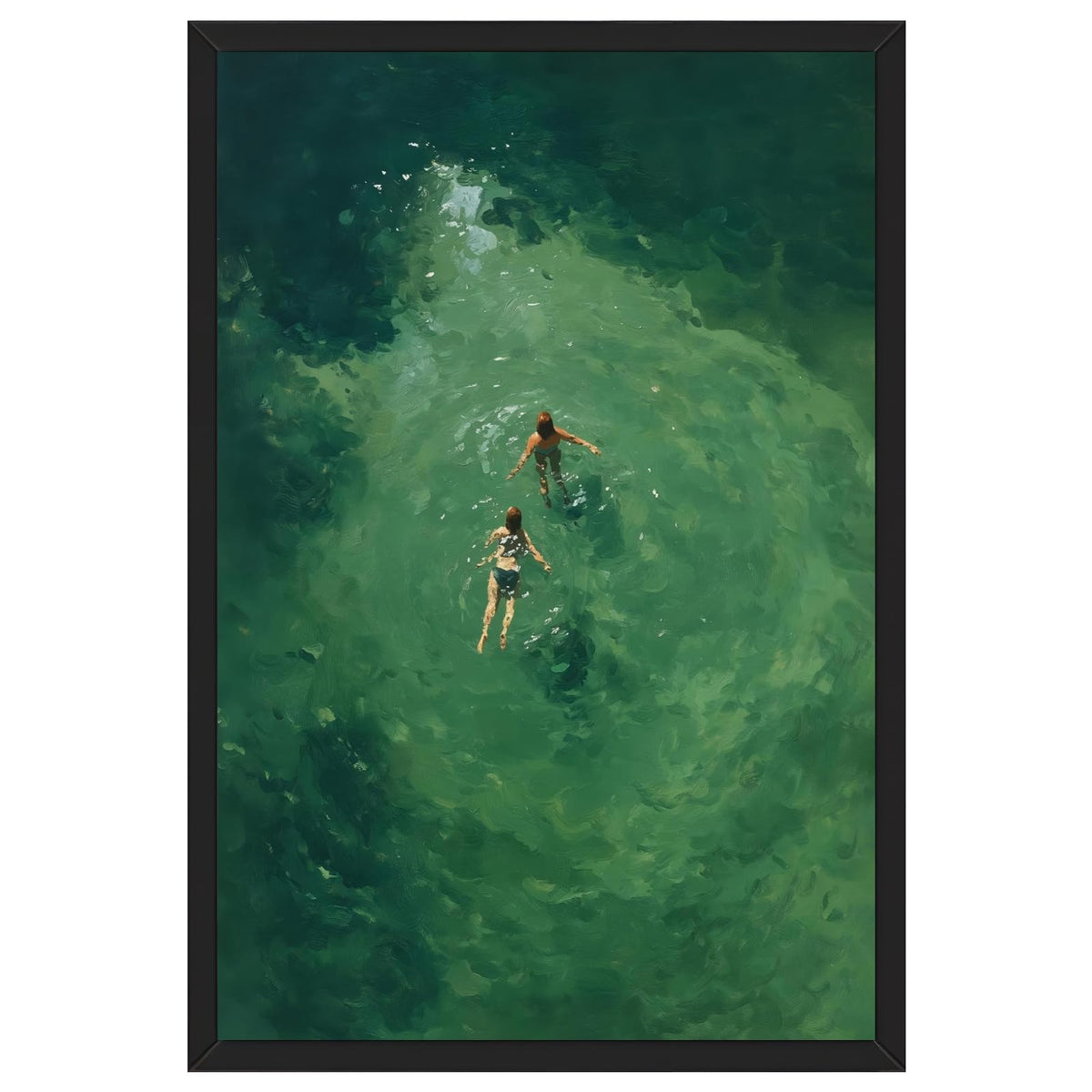 Black Framed Swimmers Wall Art Swimming in Green Abstract Canvas Poster Aerial View Summer Ocean Painting Print Minimalist Relaxing Coastal Artwork for Bedroom Beach House Decor 8x12inch (8"L x 12"W / Swim - Black Frame)