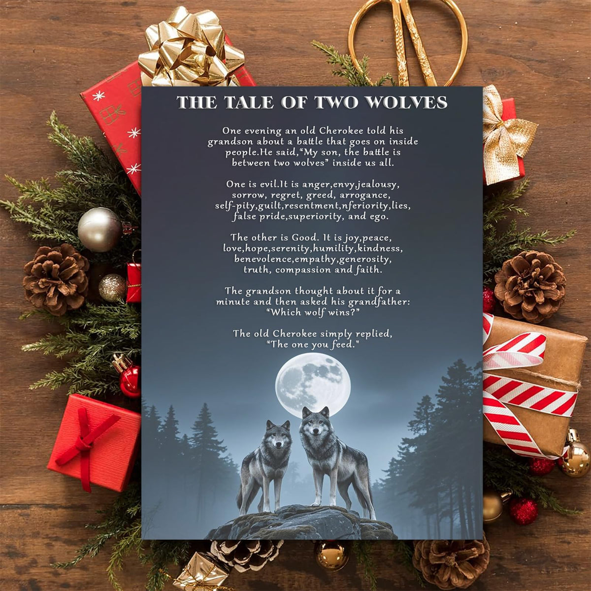 The Tale of Two Wolves Quote Canvas Wall Art Inspirational Wolf Poster Motivational Modern Artwork Prints for Bedroom Bathroom Office Home Decor Framed 16 * 24 Inch (24"L x 16"W / White 6)