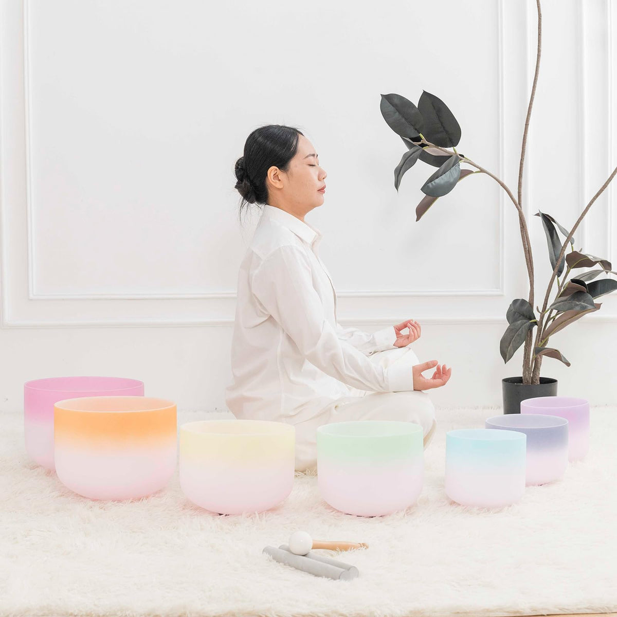 6 12” 7PCS Gradient Crystal Singing Bowls Set 432hz for Meditation (6-12inch 432hz Double Color 7pcs)