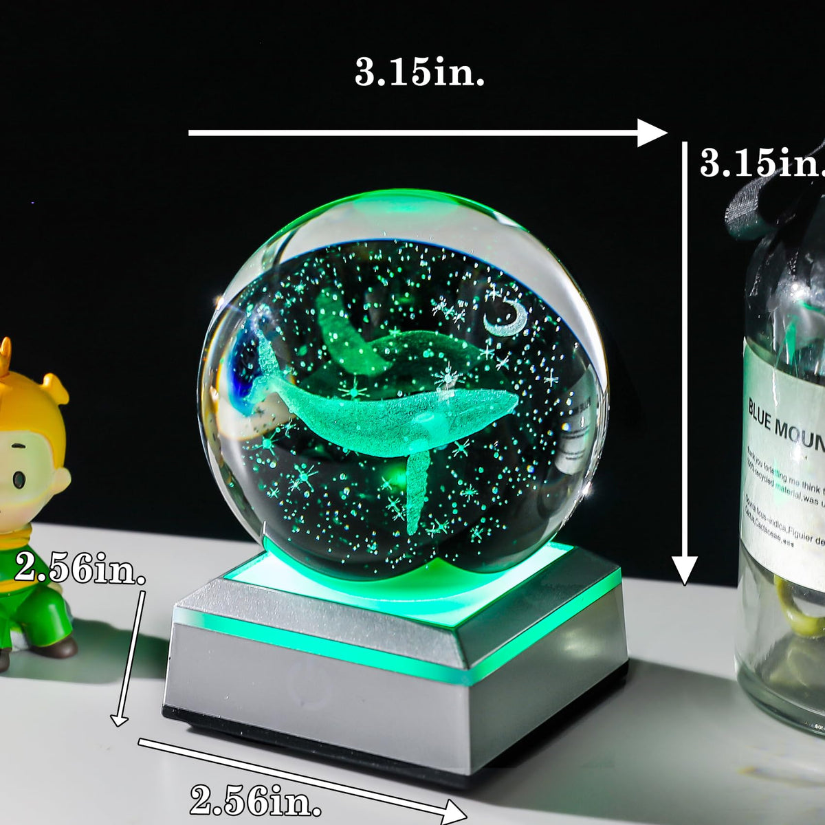 Laser Engraved Moon Whale Figures Crystal Decor Ball 3.14 Inch Ocean (Whale)