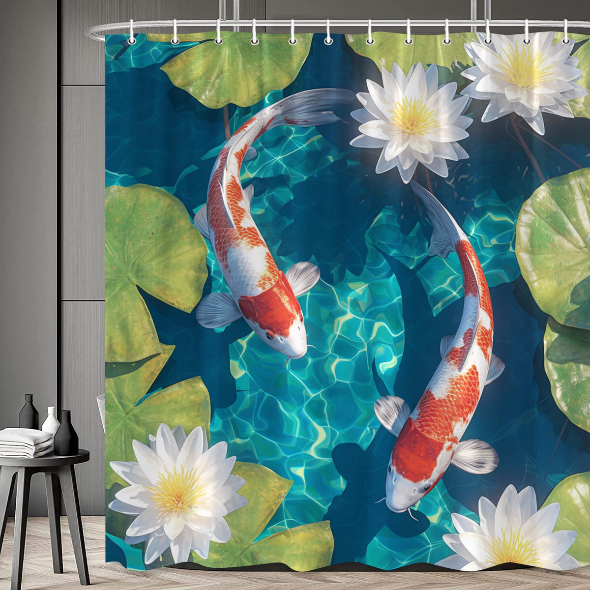 Japanese Fishes Shower Curtain Asian Carp Lotus Floral 108 x 70 in (Blue Green White / 275x180cm/108x70in)