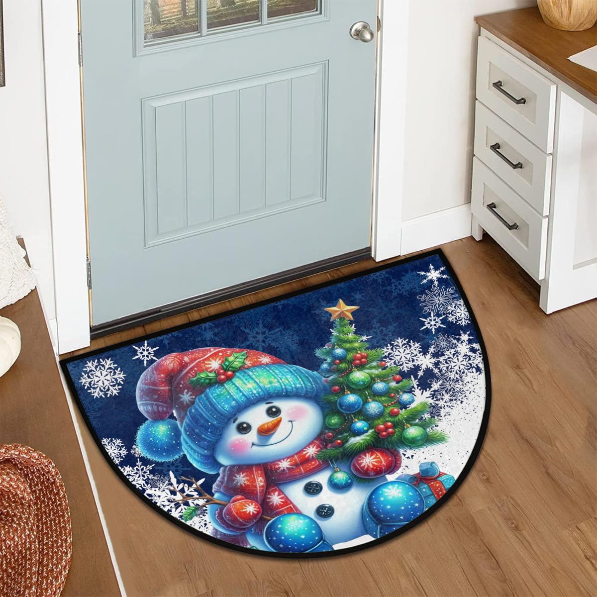 Half Round Doormat Christmas Snowman Blue Decorate Washable Semi Circle Area Rug Non Slip Half Moon Rug Holiday Decor Mat for Indoor Outdoor Bathroom Kitchen Welcome Fireplace Hearth Floor Mat (X:xmas5)