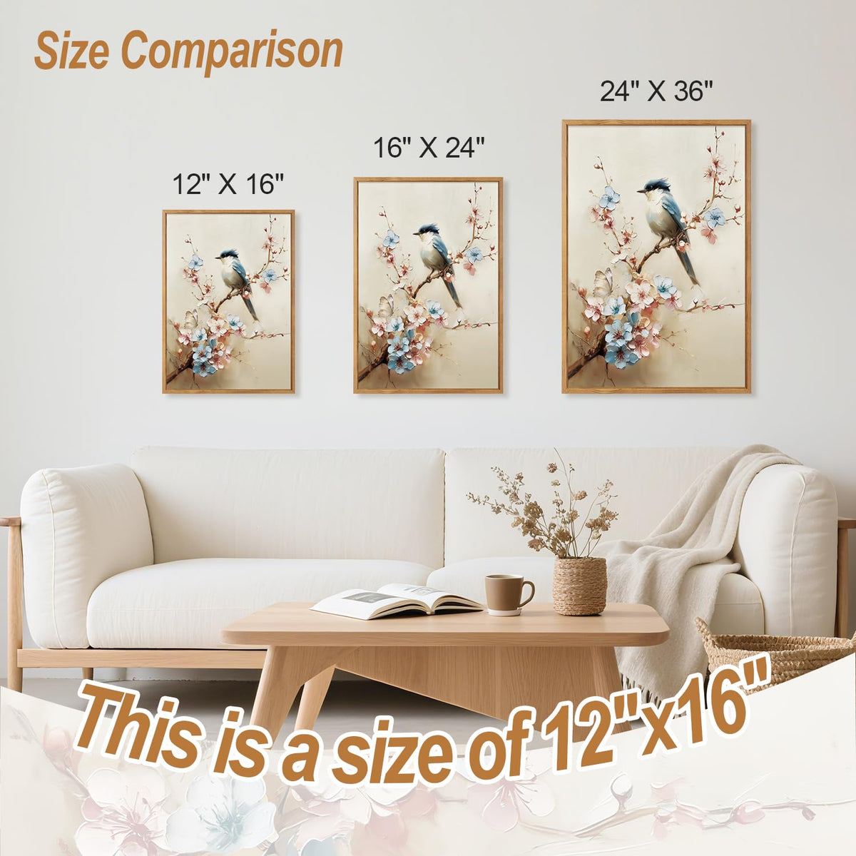Bird and Blossom Framed Canvas Wall Art Set Of 3 (Bird)
