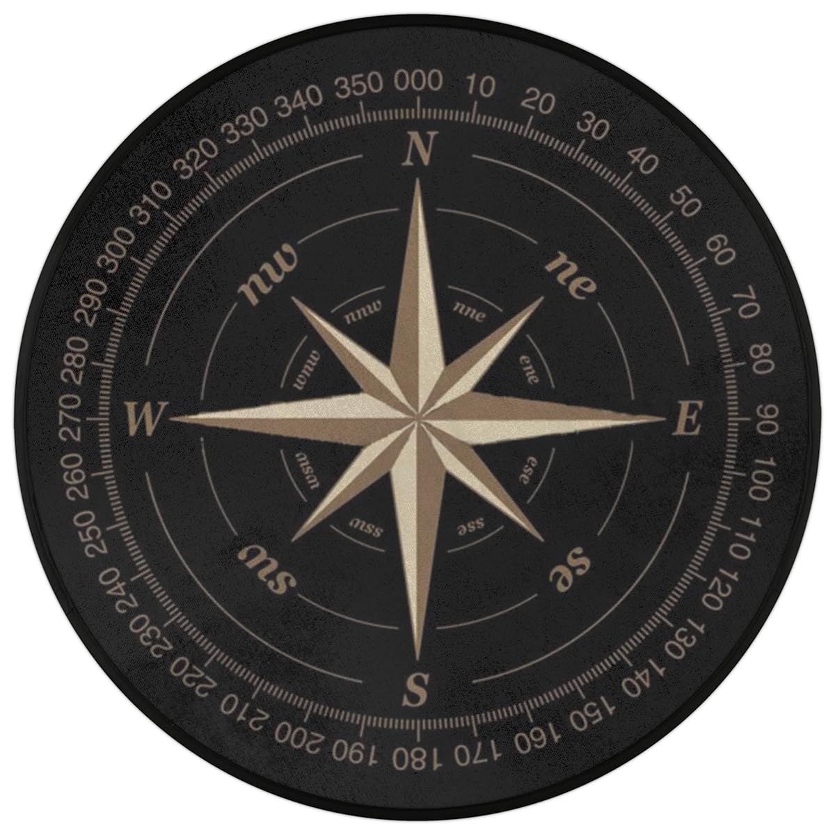 Compass Rose Round Area Rug 3Ft Artwork Black Circle Carpet Floor Mat (3 ft / Compass)