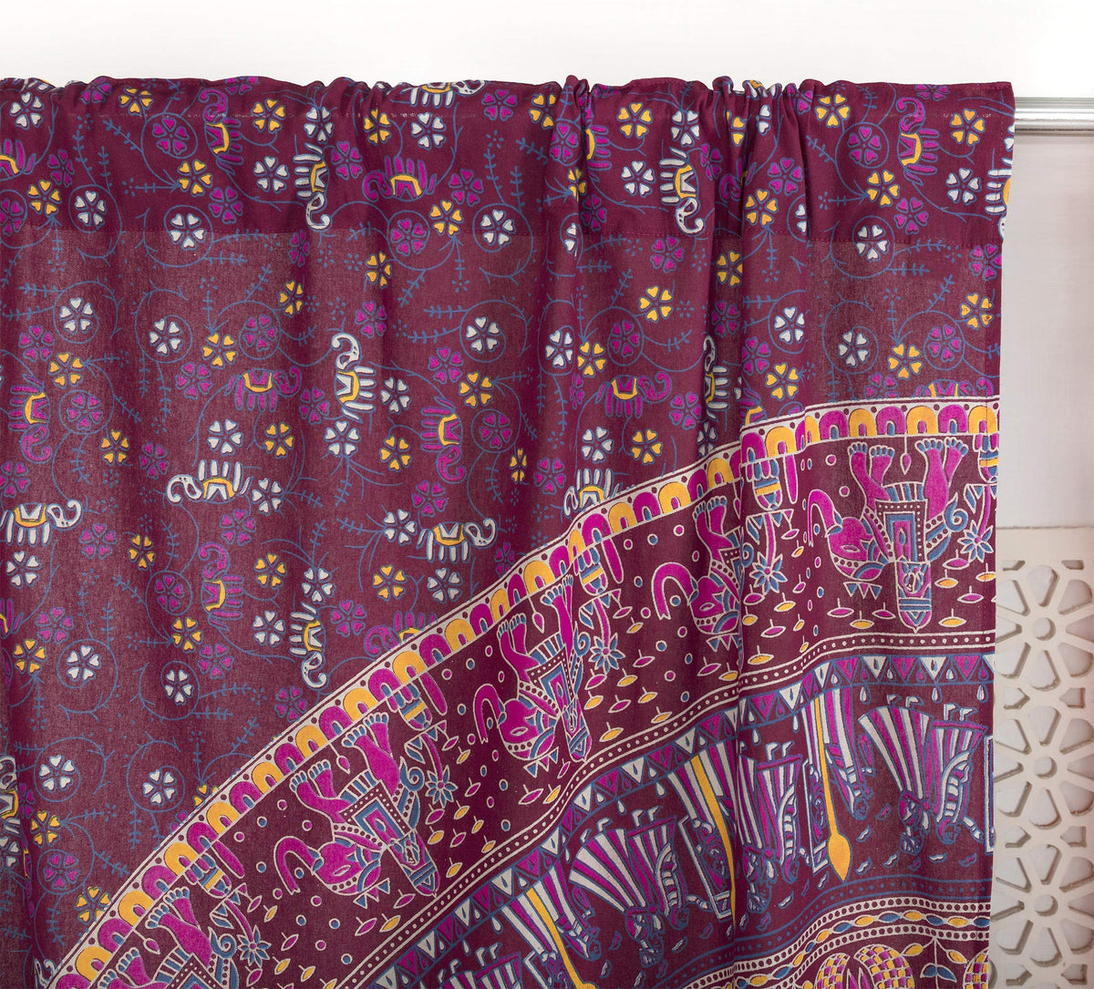 Indian Hippie Bohemian Beautiful Elephant Maroon Color Mandala Curtain Panels (25"W x 74"L (Pack of 2) / Maroon Pink)