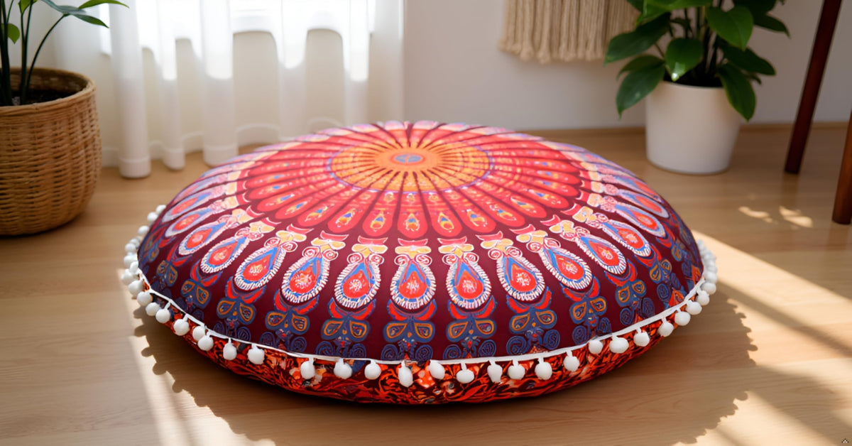 Round Mandala Boho Pillow Cover Meditation India Room Seating Poufs Cover for Living Room Yoga Room Home Décor Bedroom Balcony Garden Decoration Cotton Floor Cushion Cover 22" Maroon Mirchi (22" / Maroon Mirchi)