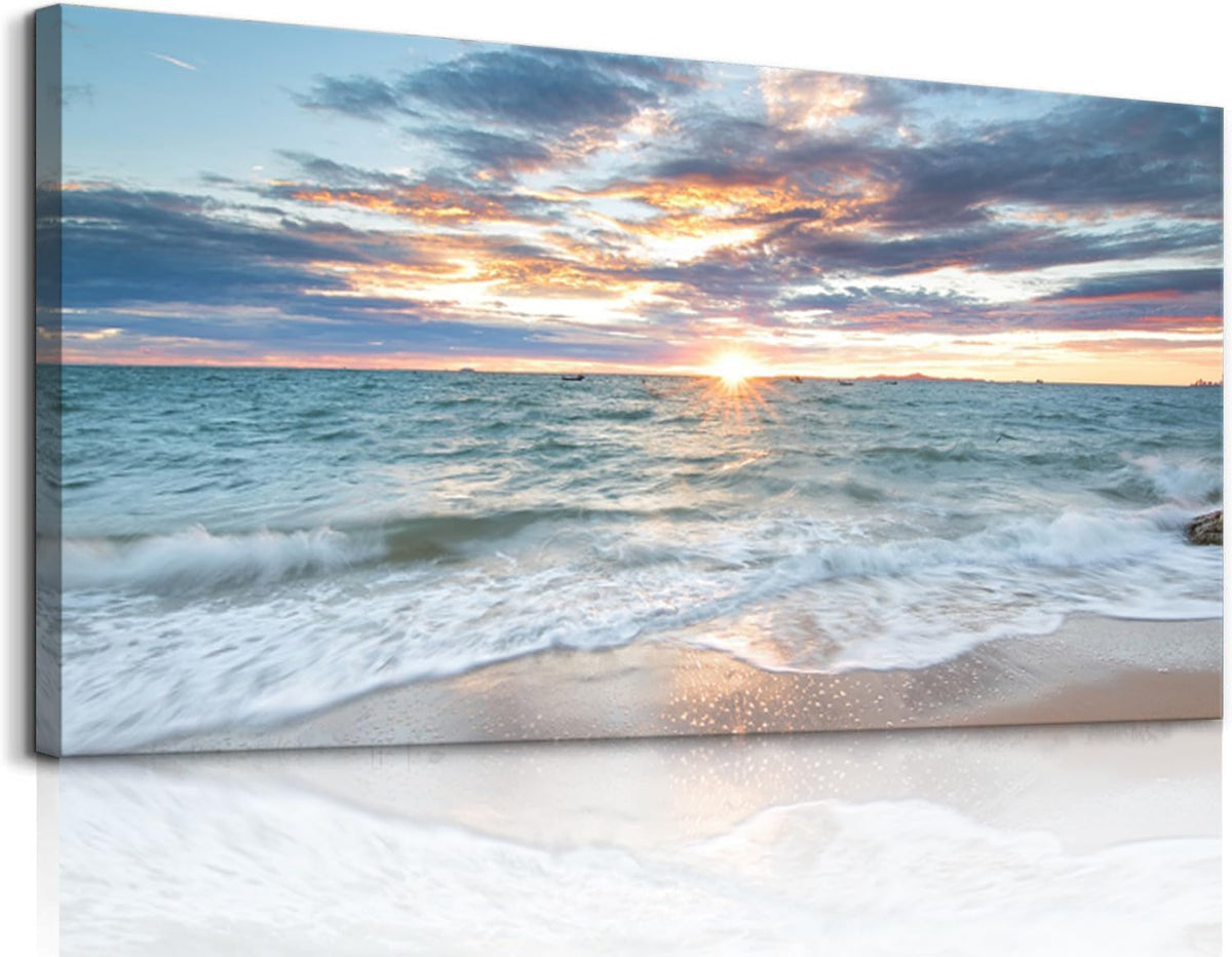 Large Canvas Wall Art Beach Artwork for Walls Coastal Wall Décor Seascape Prints Ocean Painting Sunset Picture Waves Sea Landscape Poster Bedroom Wall Art Living Room Office Decorations (Bocean / 48"L x 24"W)