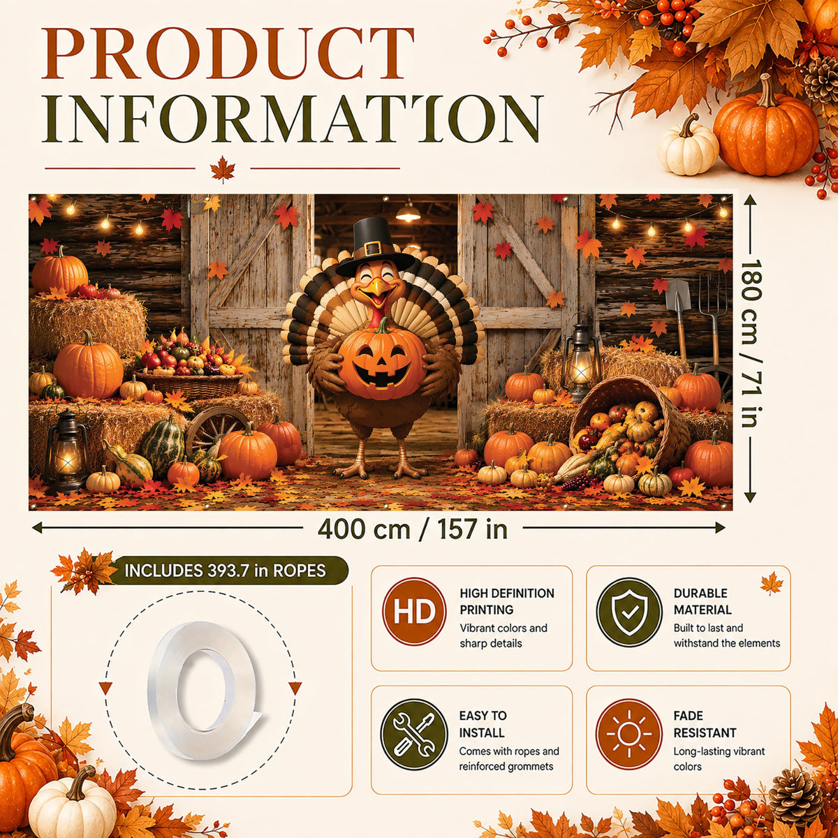 Thanksgiving Garage Door Banner Turkey Pumpkin 6x13FT Fall Harvest Backdrop (B-Thanksgiving Turkey)