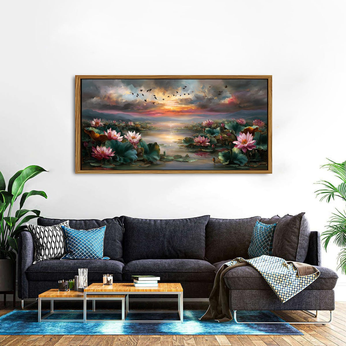 Zen Wall Art Framed Pink Lotus Flower Decor Abstract Blooming Botanical Canvas Prints Vintage Floral Pictures Nature Sunset Pond Landscape Modern Artwork for Bedroom Living Room Home Decoration 30x57.8" (30"L x 57.8"W / Lotus)