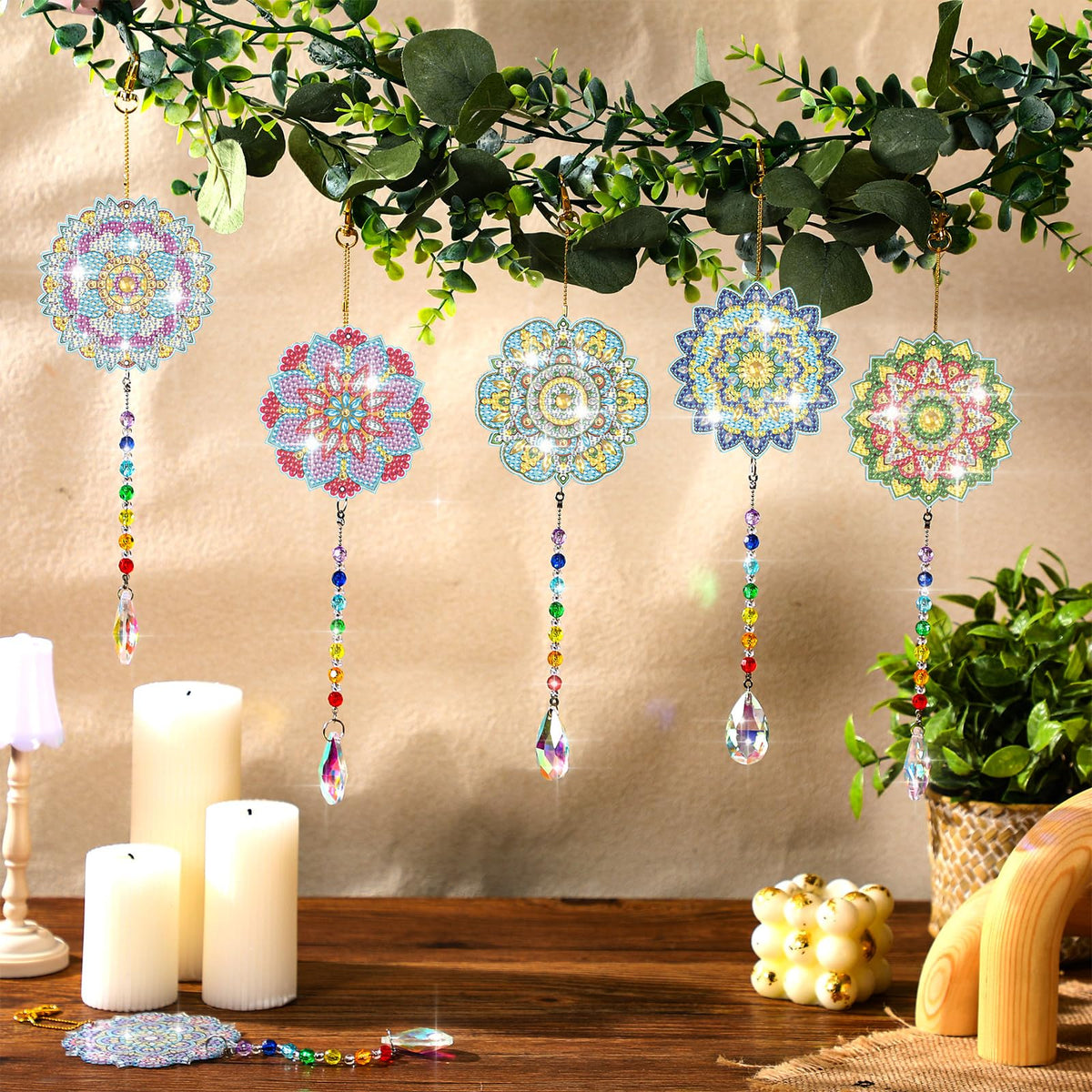 6 Pcs Diamond Painting Art Suncatcher Mandala Double Sided Wind Chimes DIY Paint Crafts for Adults Window Home Garden Car Ornament Decor (Mandala)