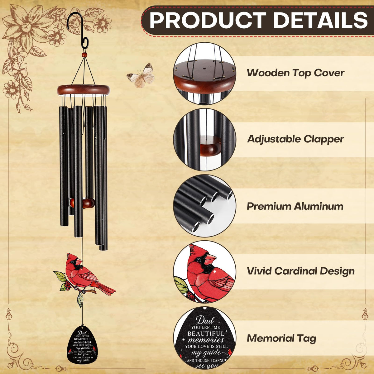 36'' Large Memorial Wind Chimes for Loss of Loved One (Dad--dad)
