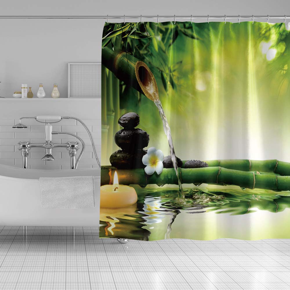 Spa Shower Curtain White Flowers Candle Black Stones Vintage Bamboo Relaxing Bath Curtain Waterproof Polyester Fabric Bathroom Decor Set with Hooks 72x84inch (72"W x 84"L (Pack of 1) / Green 02)