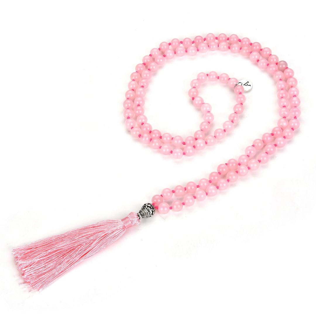 Real 108 Mala Beads 8mm Pink Rose Quartz Stone Beaded Necklace (Pink Rose Quartz)