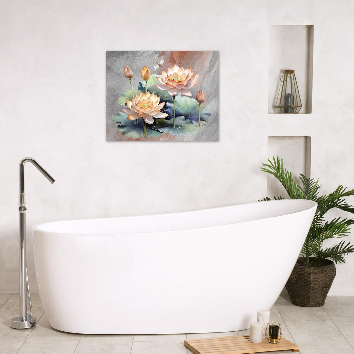 Zen Water Lily Canvas Wall Art for Bathroom Orange Floral Green Leaf Plant Dragonfly Framed Wall Art Modern Spiritual Yoga Spa Pictures for Living Room Bedroom Home Wall Decor (Orange / 12"L x 12"W)