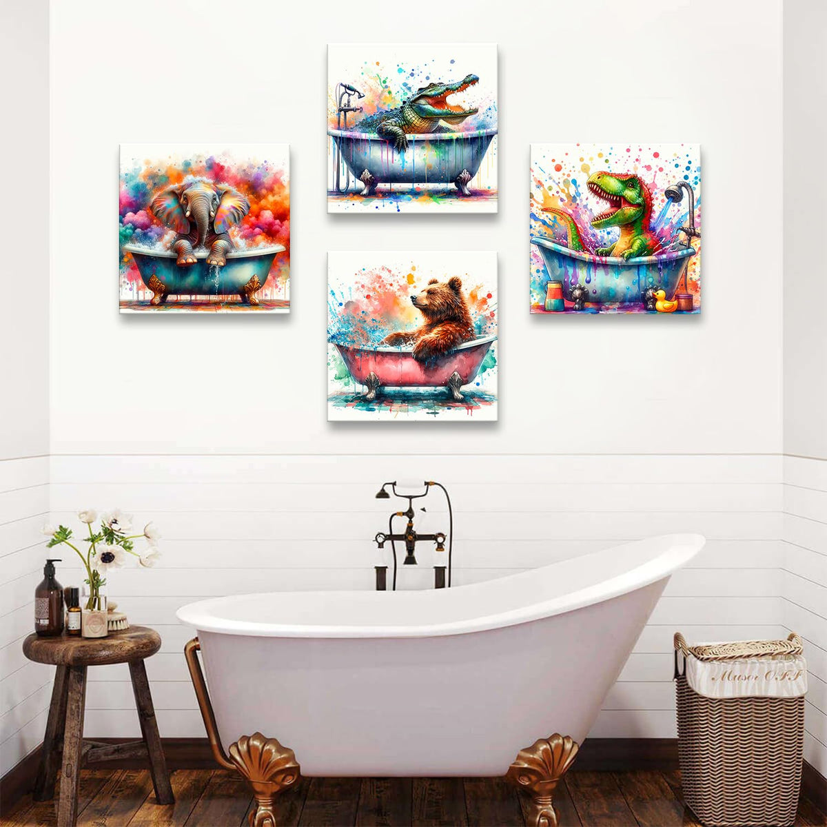 Funny Animal Bathroom Wall Art Colorful Elephant Bear Canvas Pictures Nursery Bathroom Wall Decor Creative Dinosaur Crocodile Baby Animals in Bathtub Posters 20x20" 4P (20"L x 20"W / Wildlife)
