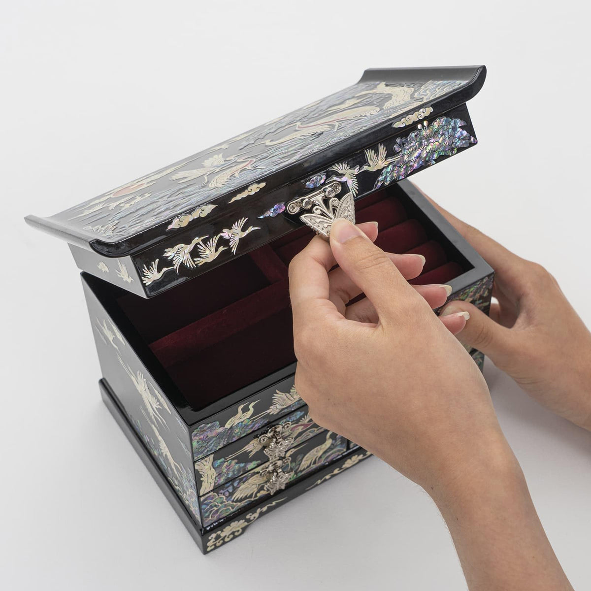 Mother of Pearl Wooden Jewelry Organizer Box (Colorful Crane)