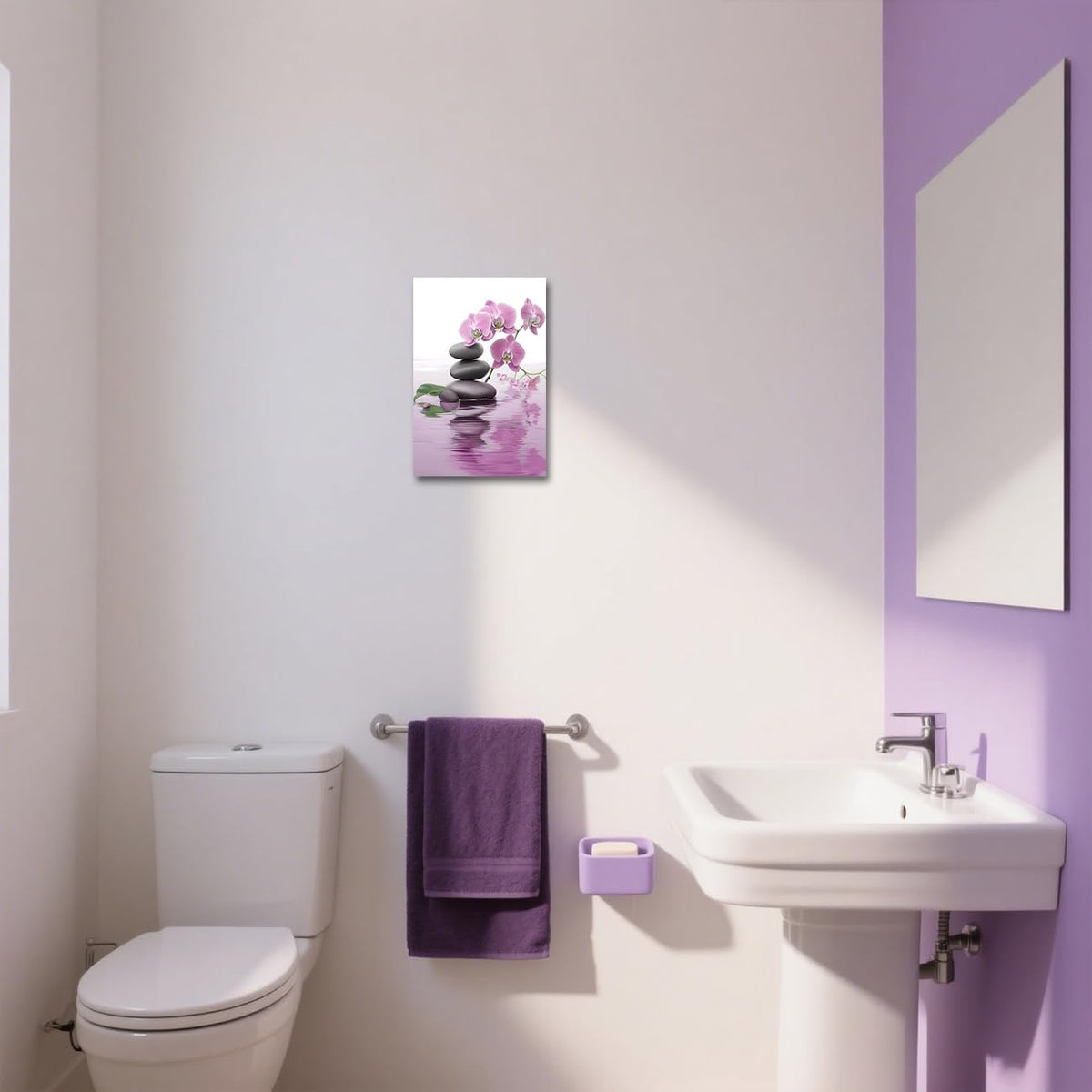 Zen Bathroom Wall Art Orchid Flower with Zen Stones Pictures Spa Painting Still Life Canvas Prints for Meditation Spiritual Room Decor Framed (Pink / 36L" x 24W")