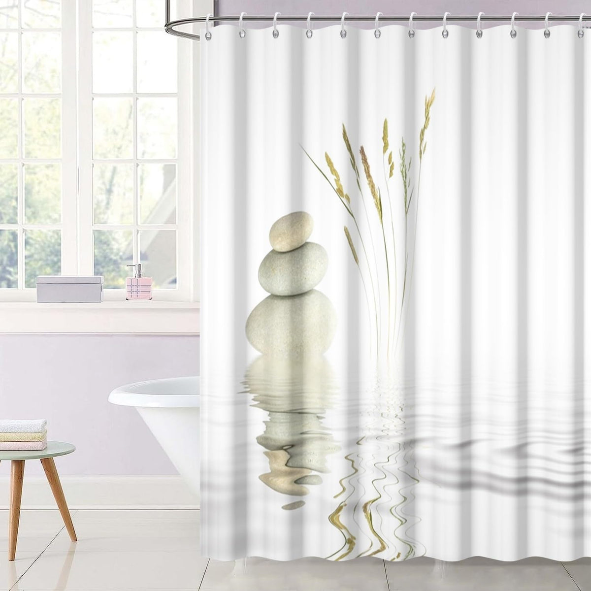 Zen Spa Shower Curtain Zen Stone Wild Grass Reflection in Water Meditation Design Bath Curtain Waterproof Polyester Fabric Bathroom Decor Set with Hooks 72x84inch (72"W x 84"L (Pack of 1) / White)