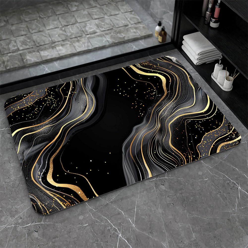 Bath Mat Bathroom Rug (Black and Gold Abstract Marble- / 20 x 31 inches)