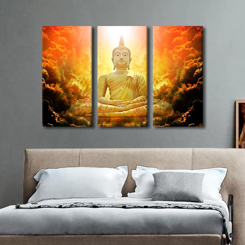 Golden Buddha Canvas Wall Art 3 Panel Bedroom Decor Modern Buddha Sculpture Canvas Poster Prints on Canvas Golden Buddha Heaven Cloud Picture for Office Wall Decor Stretched Ready to Hang 42x28 in (42x28 in / 3PANEL-02)