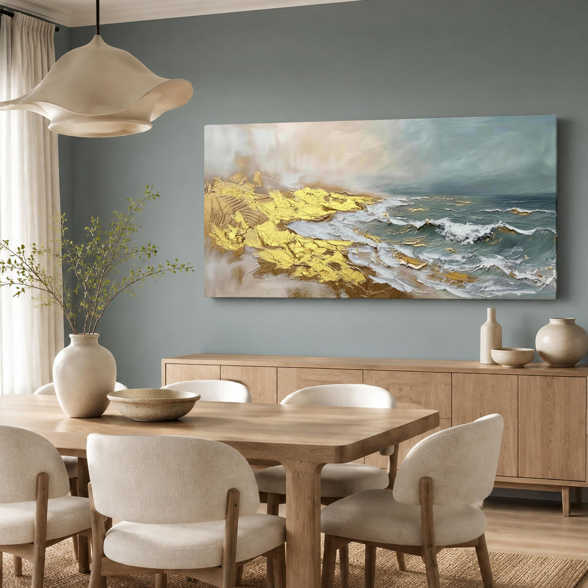 Abstract Blue & Gold Ocean Canvas Wall Art for Living Room 40"x20" (Gold Beach / 40"L x 20"W)