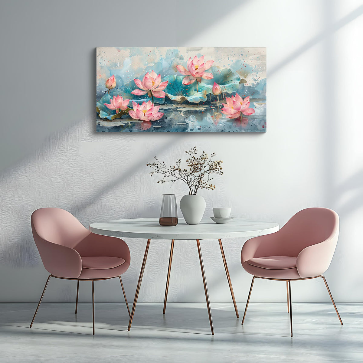 1Pcs Vintage Pink Lotus Flowers Watercolor Canvas Wall Art Print Serene Pond Scenery Blooming Lotuses Teal Leaves Color Splashes Tranquil Floral Nature Pictures for Home Decor Ready to Hang (Pink Lotus-One Piece / 24"L x 12"W)