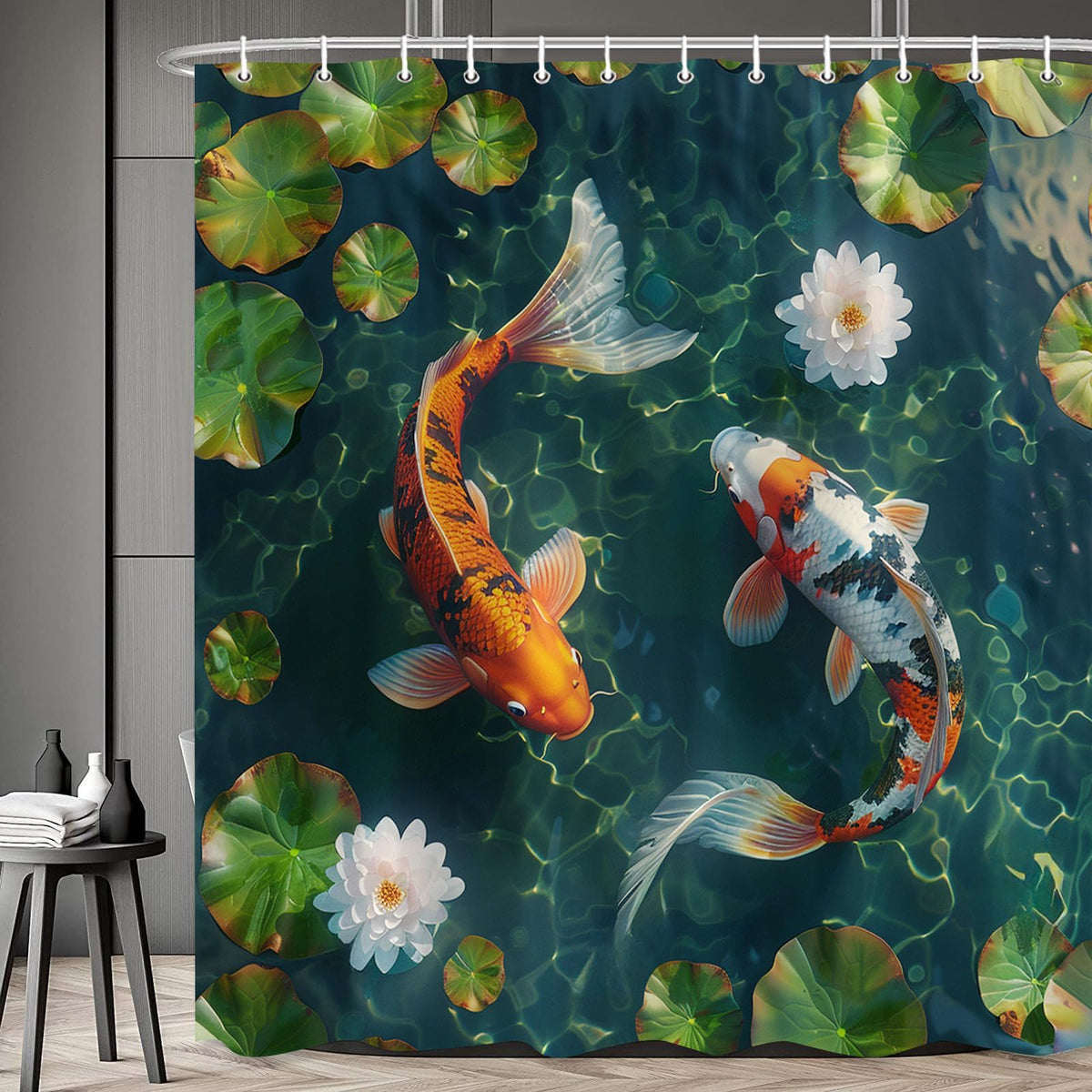 Japanese Fishes Shower Curtain Oriental Traditional Carp 47 x 70 in (Green Orange / 47"W x 70"L (Pack of 1))