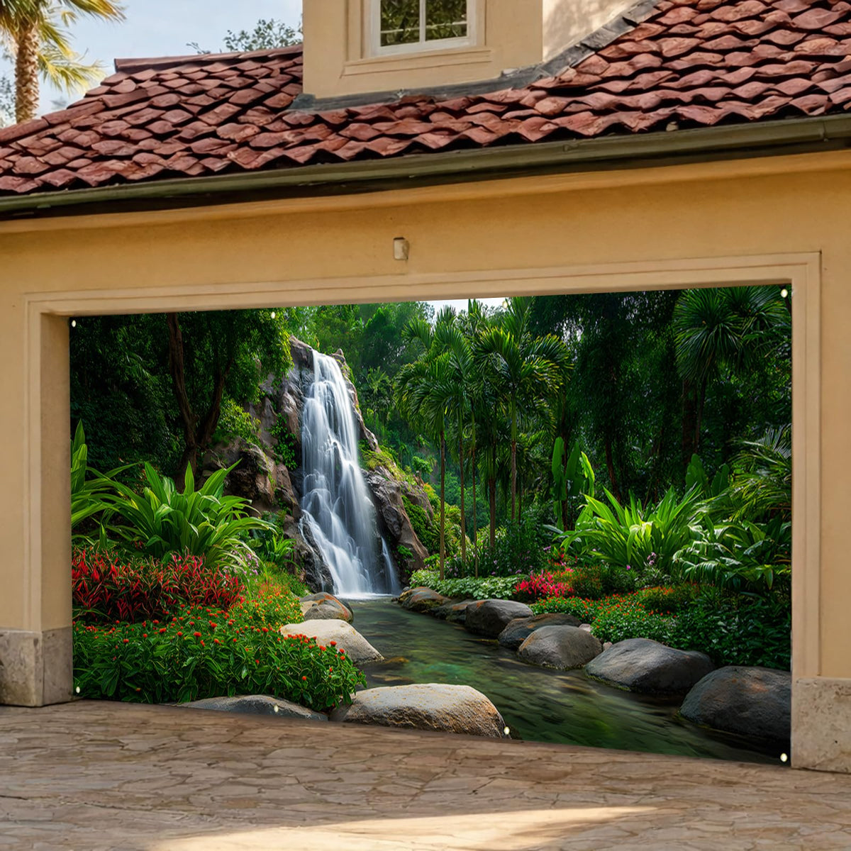 Waterfalls Garage Door Cover Banner (Green Scenic Waterfall)