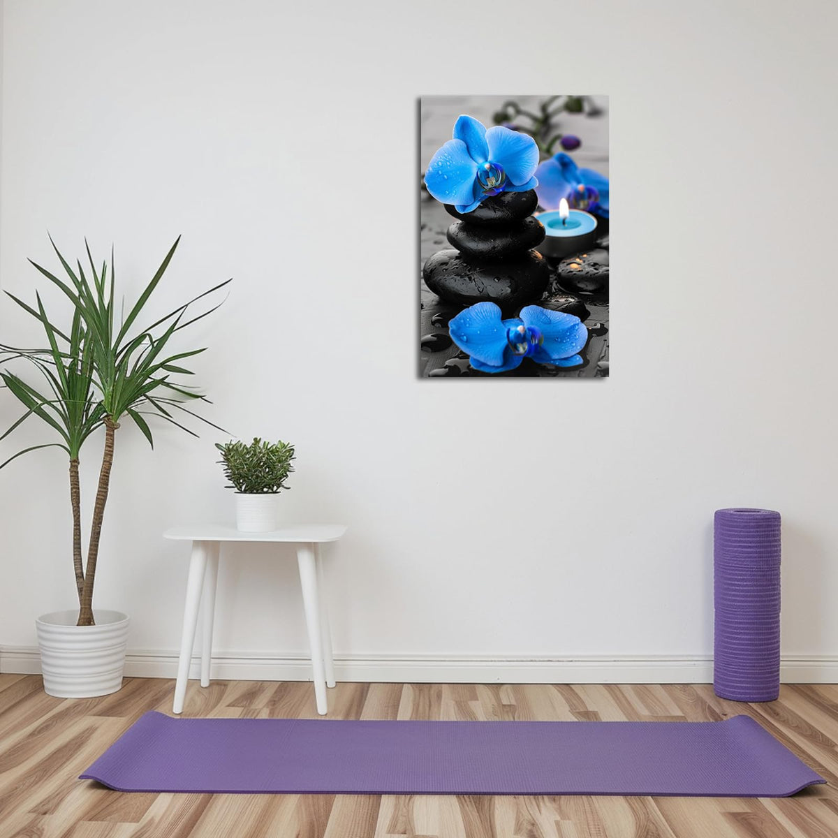 Bathroom Wall Art Orchid Flower with Black Zen Stone Pictures SPA Candle Picture Prints Still Life Canvas Painting for Meditation Spiritual Room Decor (Blue / 16"L x 24"W)